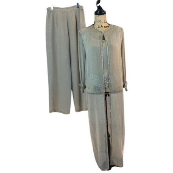 3 pc J Kara Formal Pant Suit Set Beaded Long Sheer Jacket Tank Top Beige 6 P - Picture 1 of 8